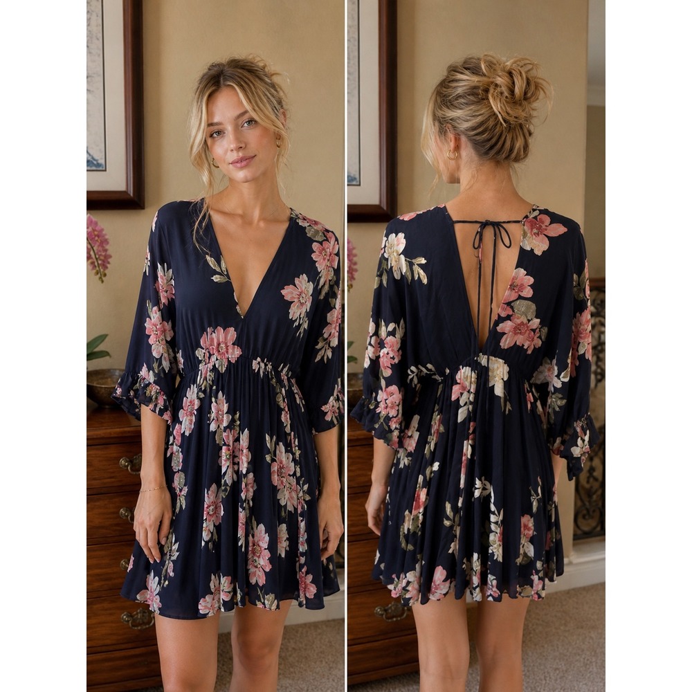Navy Blue Floral Double V-Neck‎ Mini Dress Size M  Ruffle Sleeve Empire Waist
